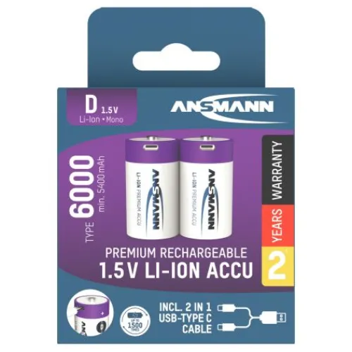 ANSMANN AG Li-Ion Akkus Mono D Typ 6000 (min. 5400 mAh) 2er Papierblister^ Akkus